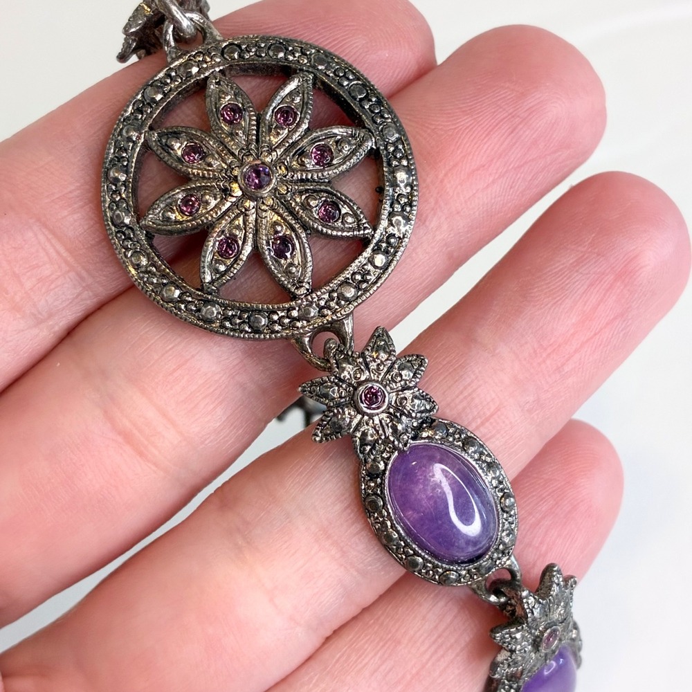 Vintage Premier Designs Bracelet Floral Purple Cabochon Rhinestone Silver Tone - Picture 8 of 11